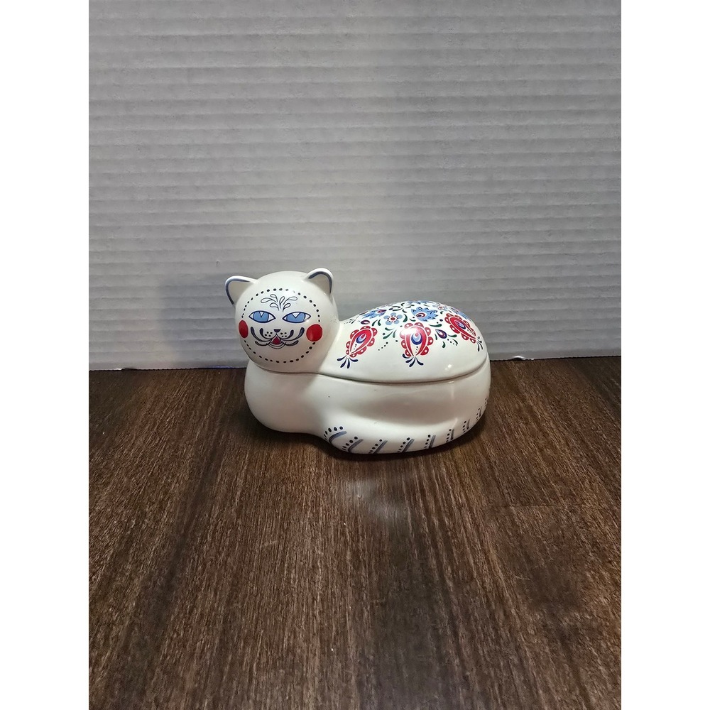 Vintage Orient Express Elizabeth Arden Ceramic Cat Trinket Box Japan Floral Folk